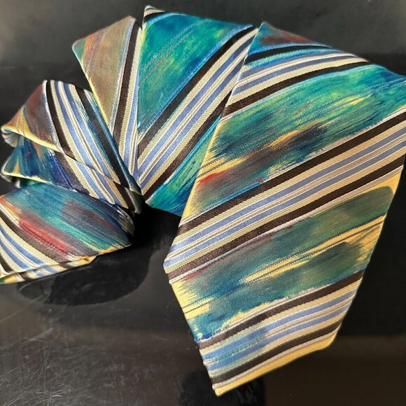 Ermenegildo Zegna Hand Painted SilkTie Striped Necktie Abstract Art Upcycle Red - Picture 6 of 7